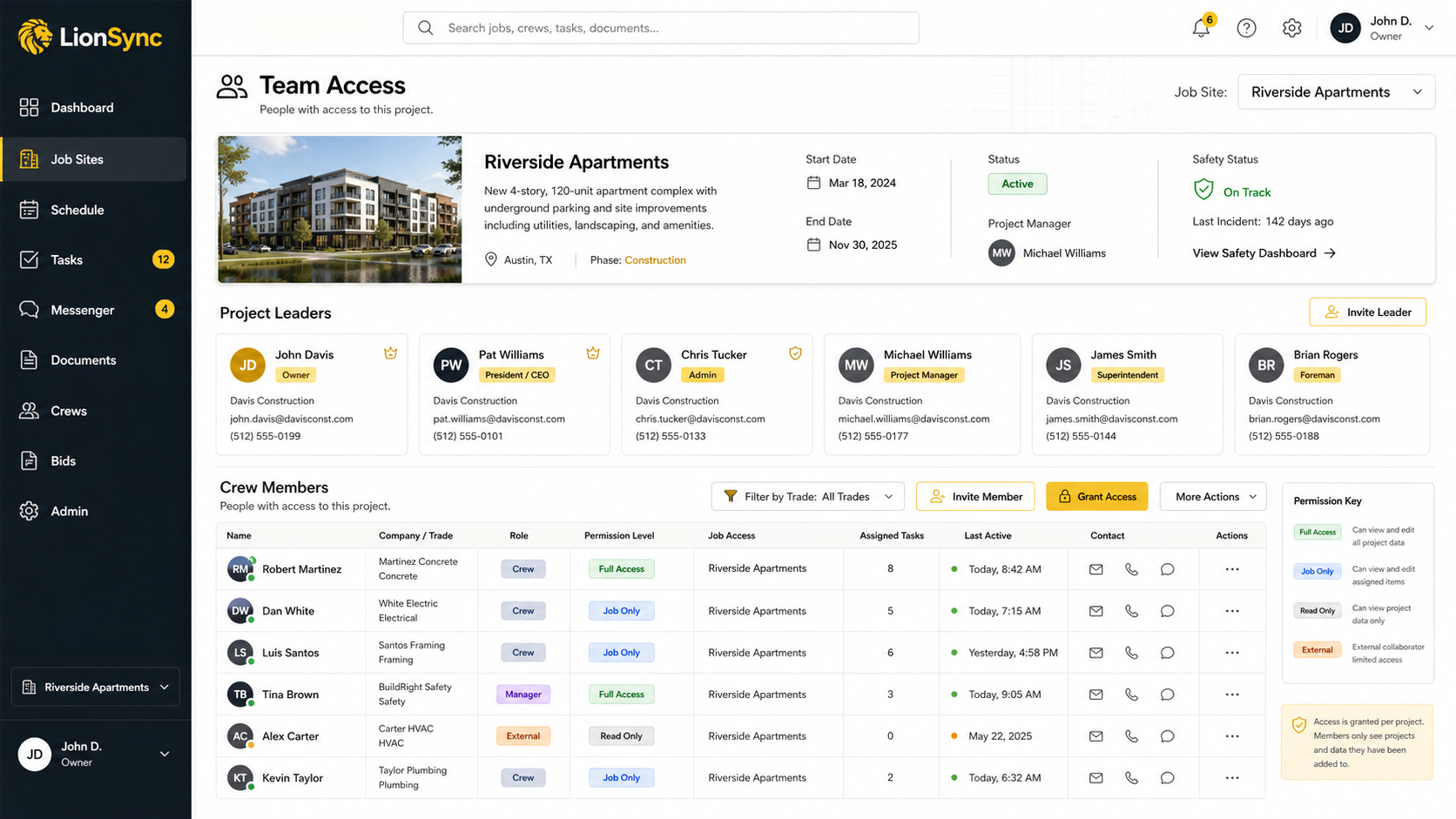 LionCommand team access dashboard showing project leaders and crew permissions